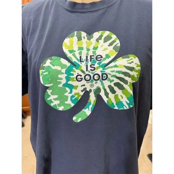 Life Is Good Women’s Tie Dye Clover Tee Navy Blue Large Short Sleeve - Picture 2 of 8